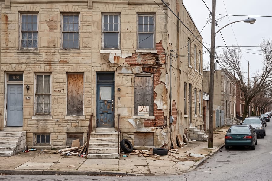 A Baltimore corner rowhome with crumbling formstone, boarded windows, and a for sale sign, a house that needs everything.
