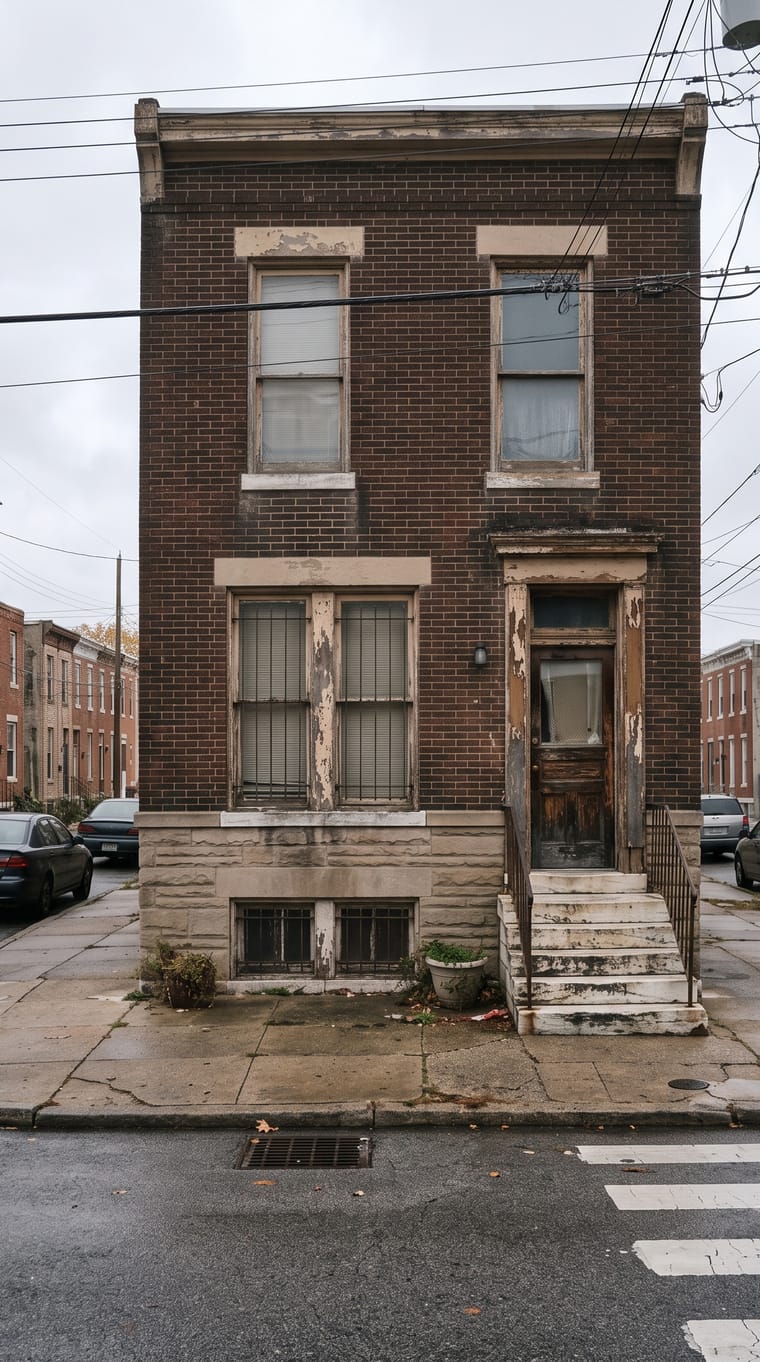 A Baltimore brick rowhome that needs work, with worn marble steps, peeling trim, and curtains still in the windows, on an overcast city corner.