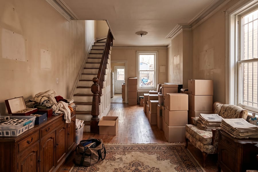 Inside an inherited Baltimore rowhome mid-clearout, with boxes, furniture, and a lifetime of belongings beside the staircase.
