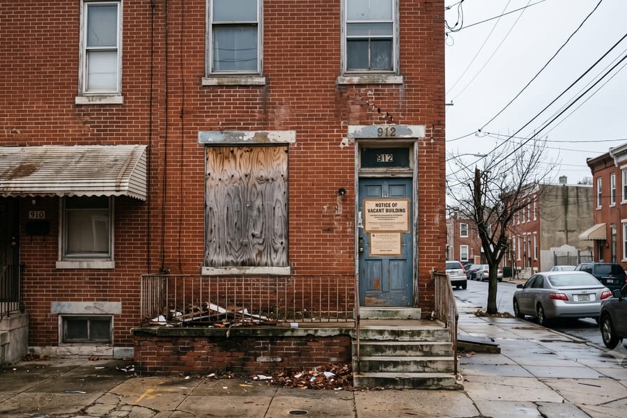 A vacant Baltimore brick rowhome with a boarded window and a notice of vacant building posted on the front door.
