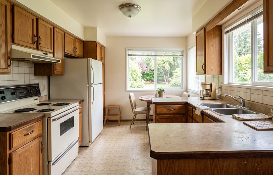A dated kitchen with worn counters and old oak cabinets, the kind of home Deep Roots buys as-is.