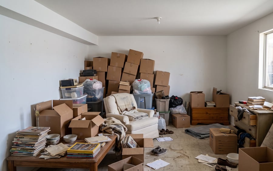A room full of boxes, furniture, and belongings left behind as a house is cleared out.