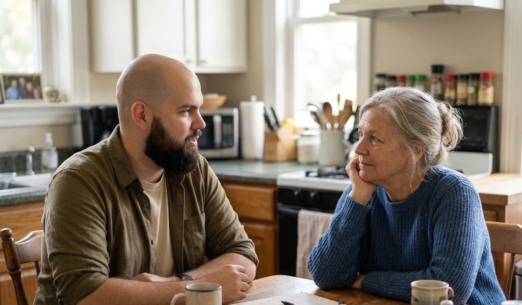 Matthew Larkin sitting across a kitchen table from a homeowner, talking quietly