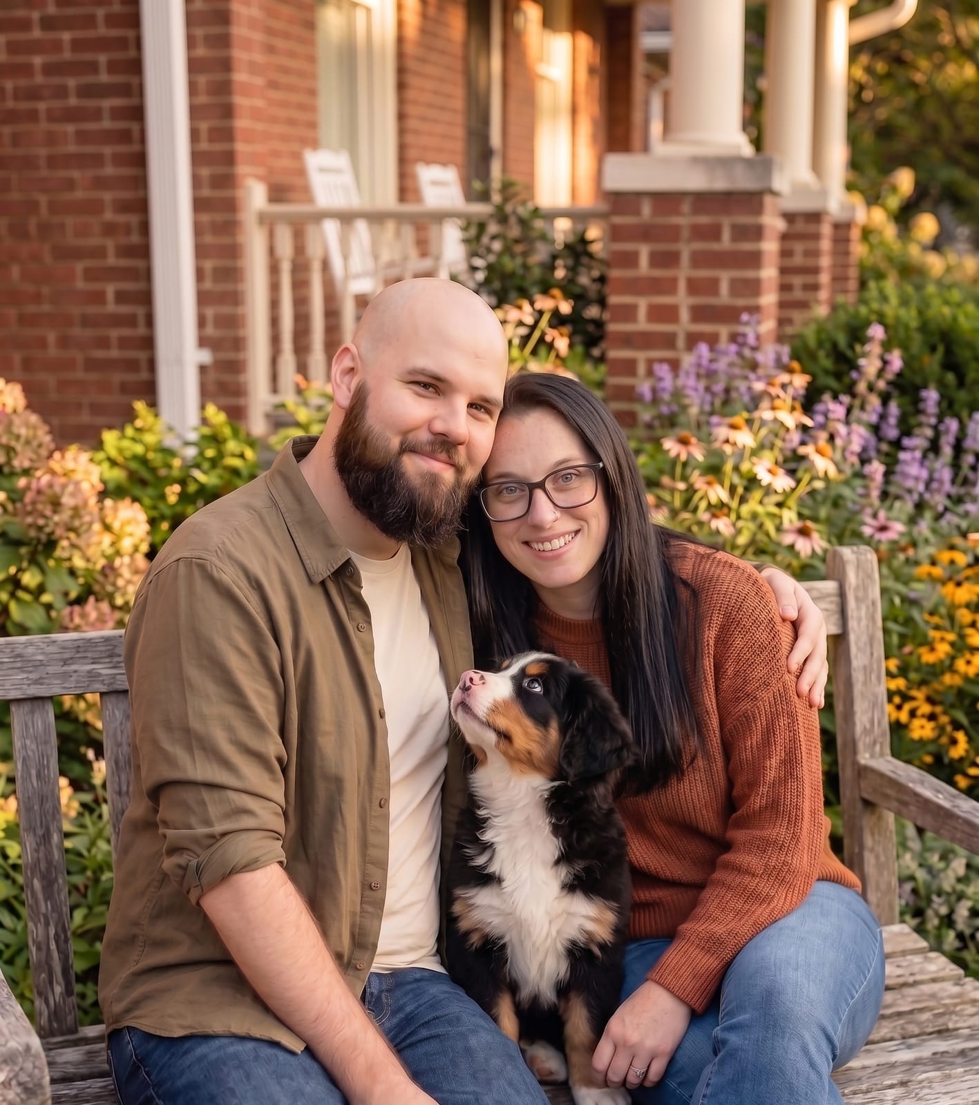Matthew and Marisa Larkin and their Bernese Mountain Dog, the family behind Deep Roots REI.