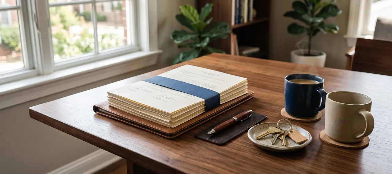 A tidy table ready for closing: a banded stack of signed papers, a pen, a dish of house keys, and two cups of coffee in soft daylight.