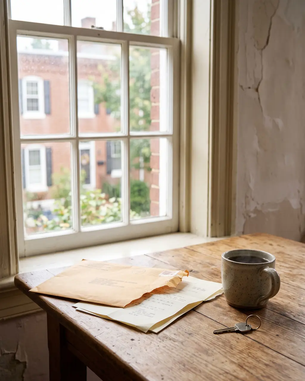 An opened envelope and letters on a worn kitchen table by a window onto brick rowhomes, beside a cup of coffee and a house key.