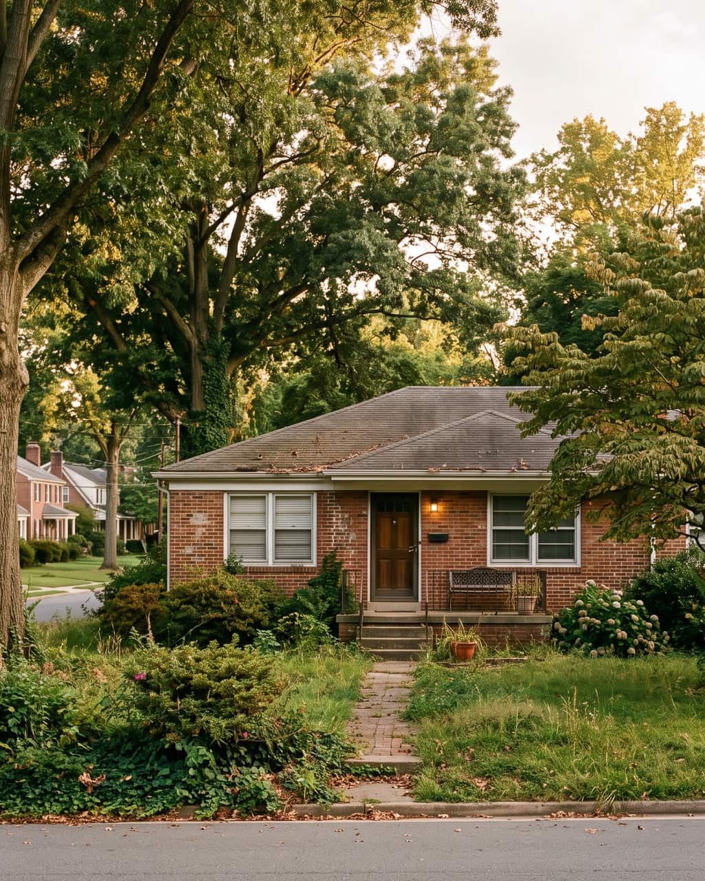 A mid-century brick rambler with a small front porch under mature oaks on a quiet Montgomery County street, the kind of house Deep Roots REI buys as-is for cash.