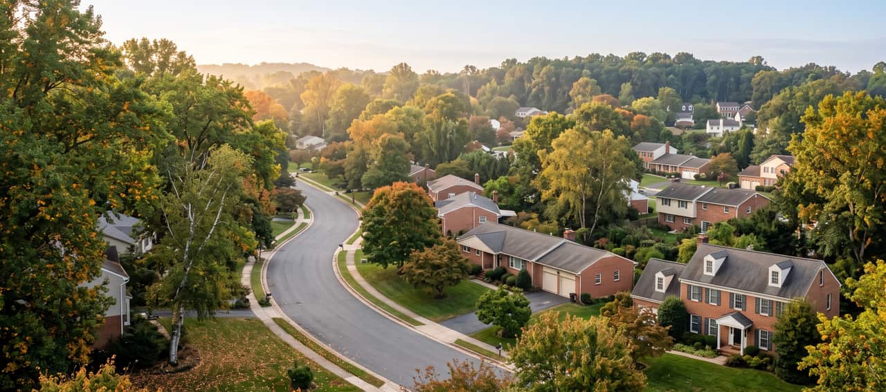 An established Montgomery County neighborhood of brick ramblers, split-levels and older colonials under tall trees along a gently curving street.