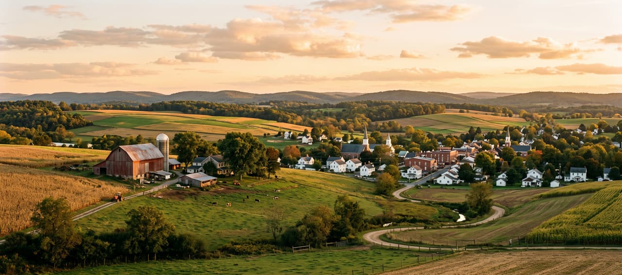 Golden-hour view across Berks County farmland to a small town in the valley, with a red barn, silo, and patchwork fields.