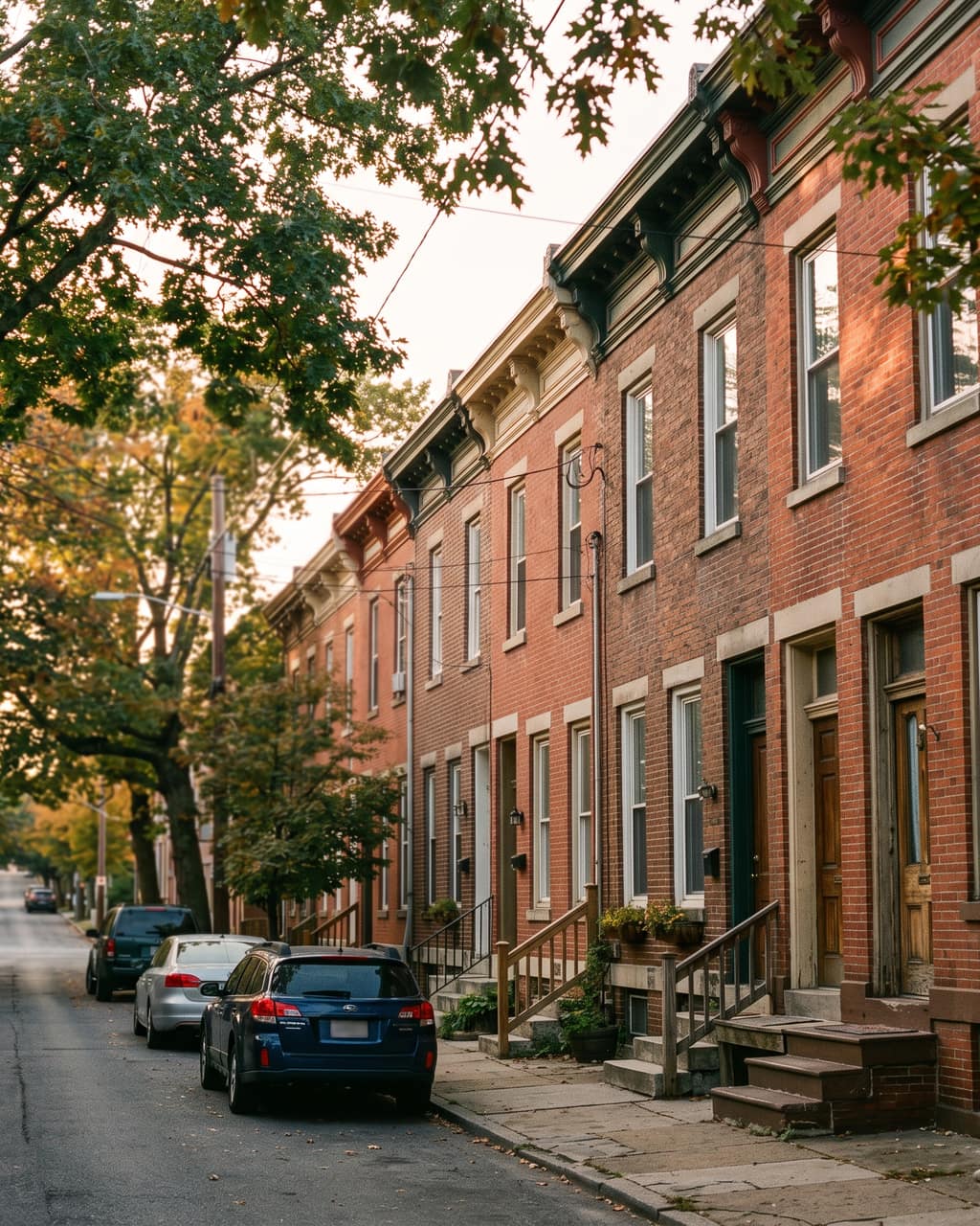 Attached brick rowhomes with front stoops and painted cornices along a tree-lined street at golden hour, the kind of homes Deep Roots REI buys as-is for cash.