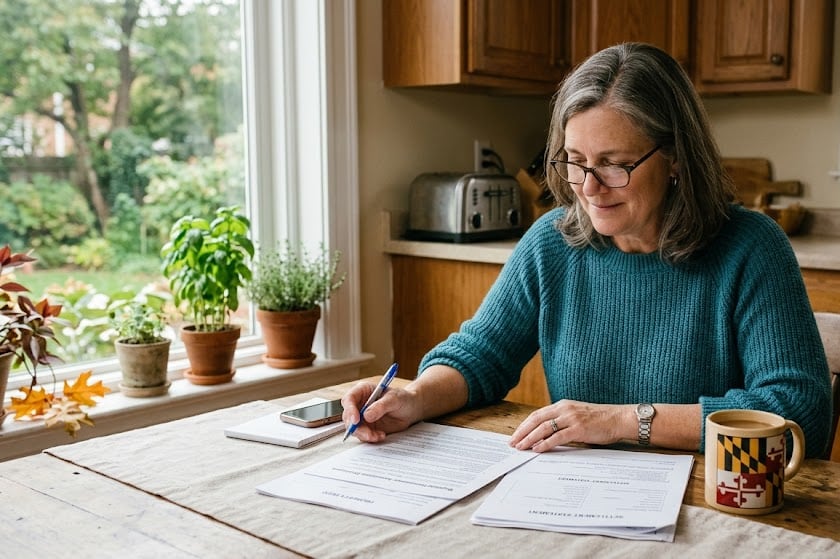 A Maryland homeowner reviewing paperwork at a kitchen table with coffee