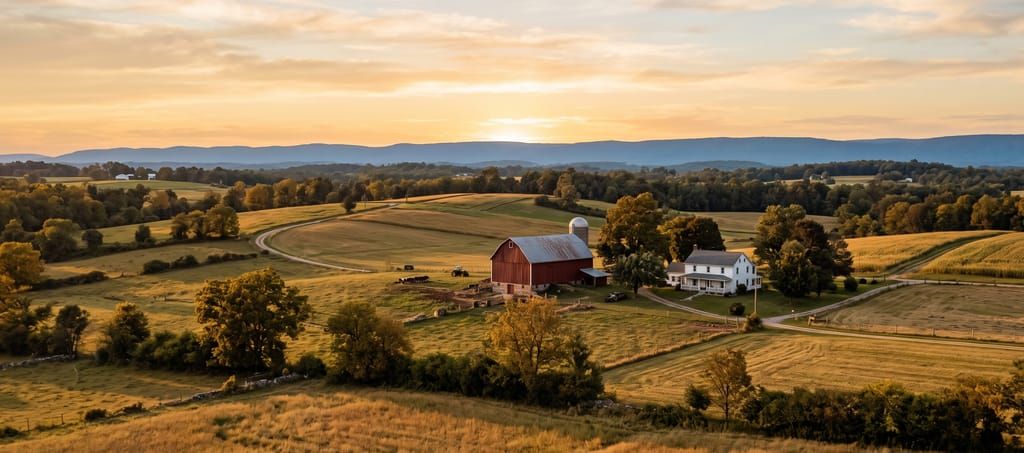 Golden-hour farmland with a red barn and white farmhouse, rolling southern Pennsylvania countryside