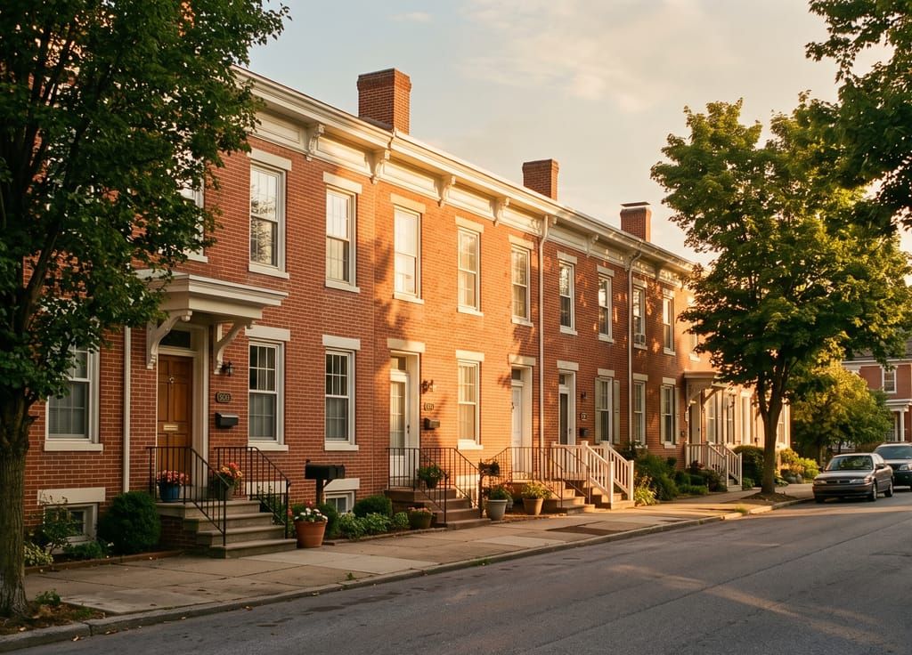 Brick rowhouses with front stoops at golden hour, the kind of homes Deep Roots REI buys as-is for cash.